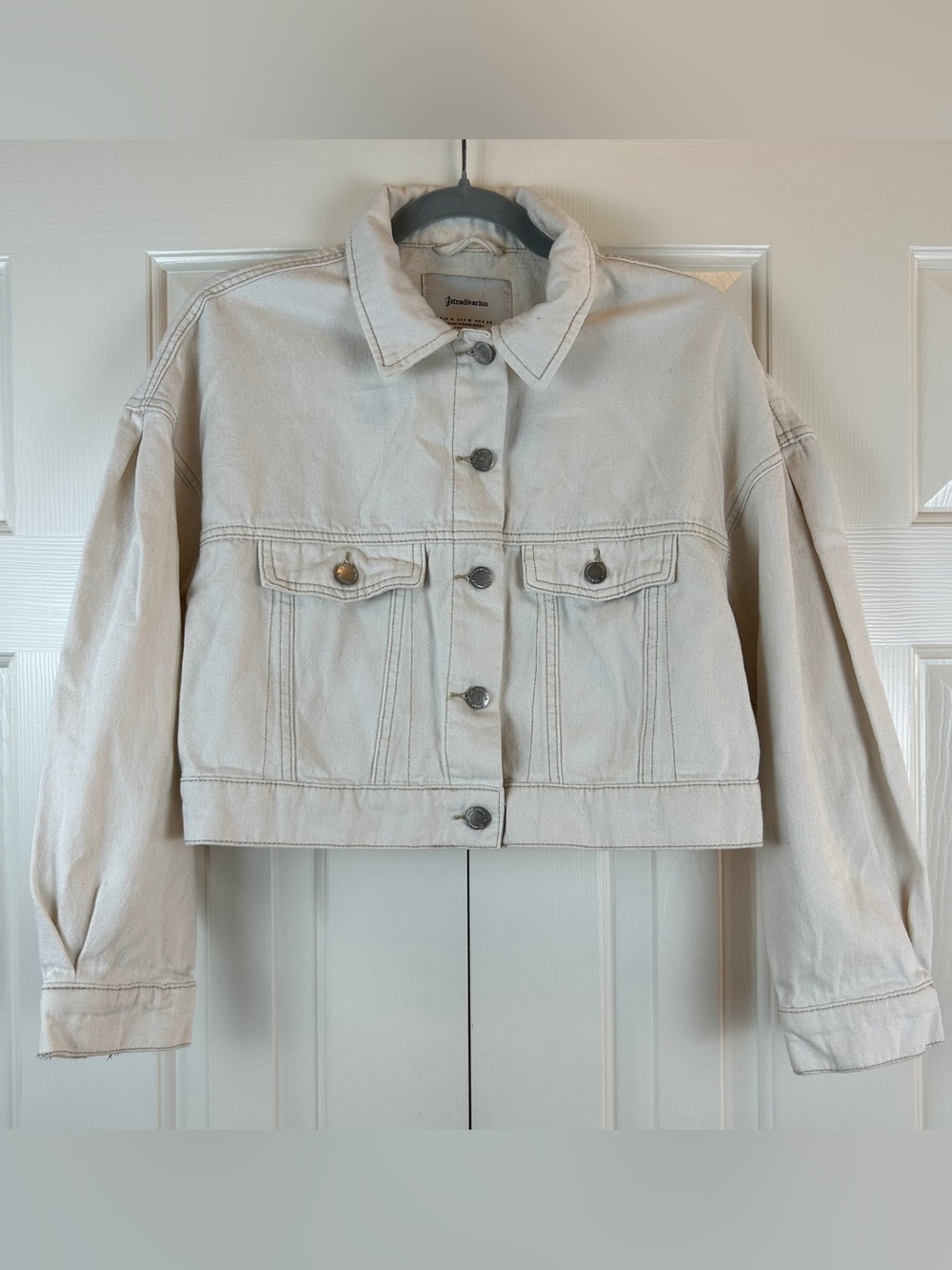 Stradivarius Off White Denim Cropped Jean Jacket